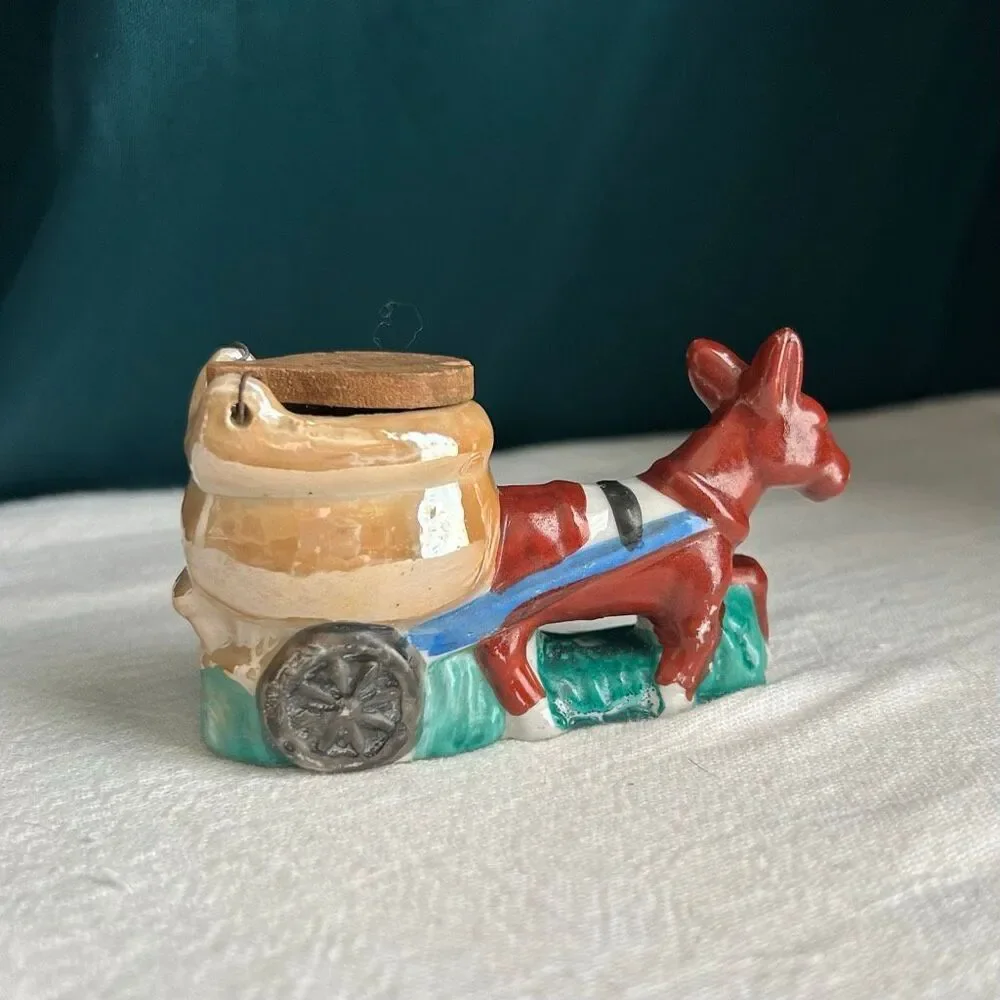 Vintage Ceramic Donkey Cart Flip Top Ash Holder Lusterware